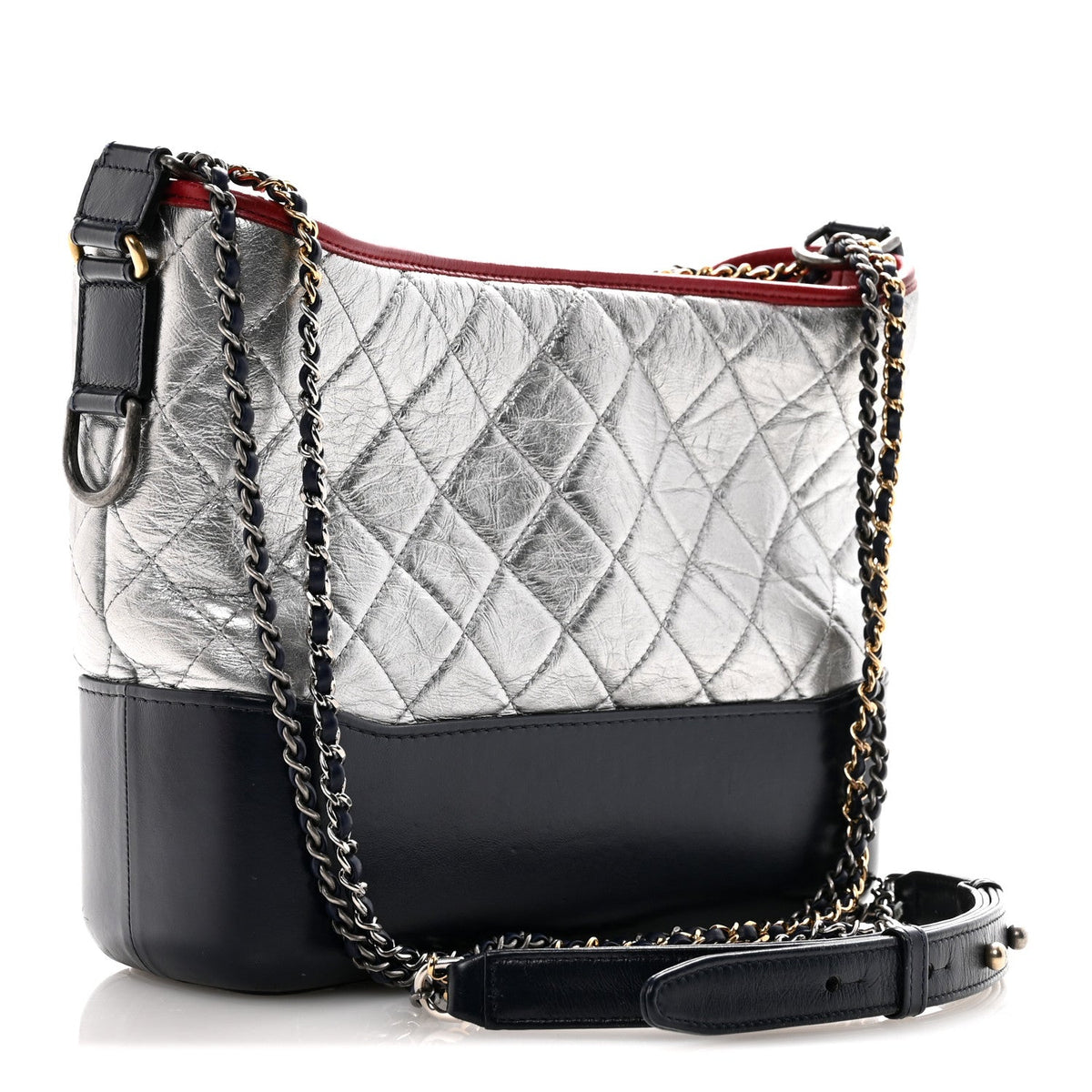 Metallic Aged Calfskin Quilted Medium Gabrielle Hobo Silver Navy Red