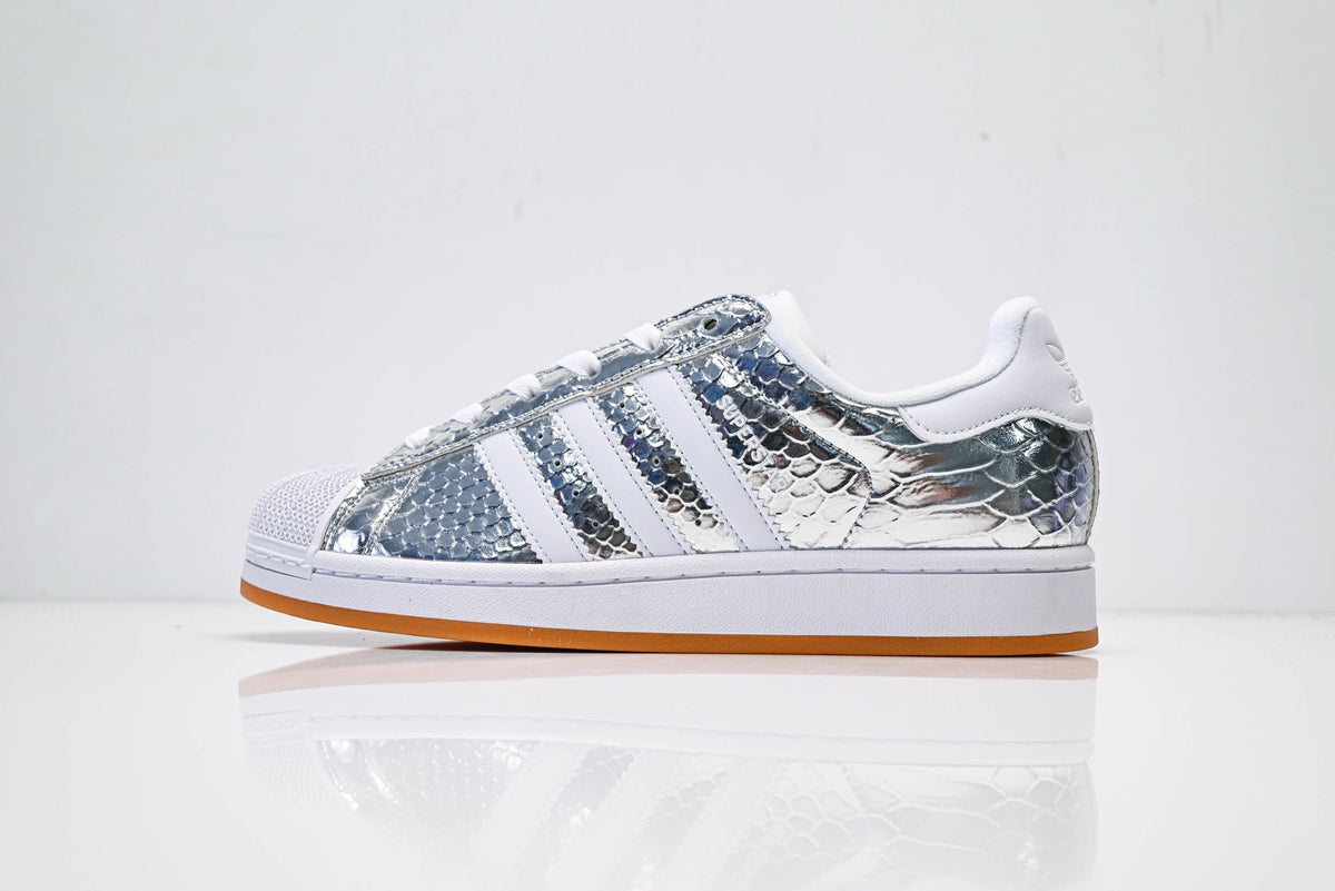 adidas Originals Superstar ¨C Silver Snake-Embossed Upper with White 3-Stripes & Gum Shell Toe
