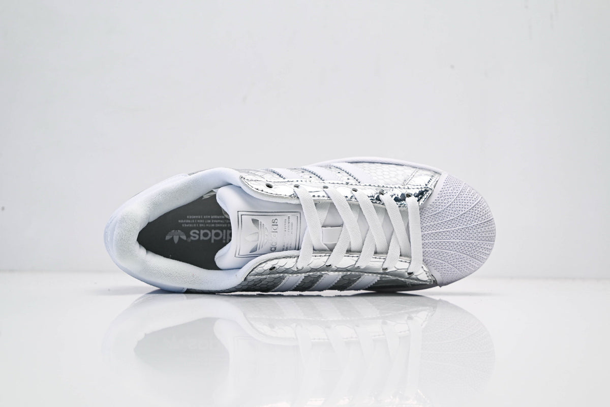 adidas Originals Superstar ¨C Silver Snake-Embossed Upper with White 3-Stripes & Gum Shell Toe
