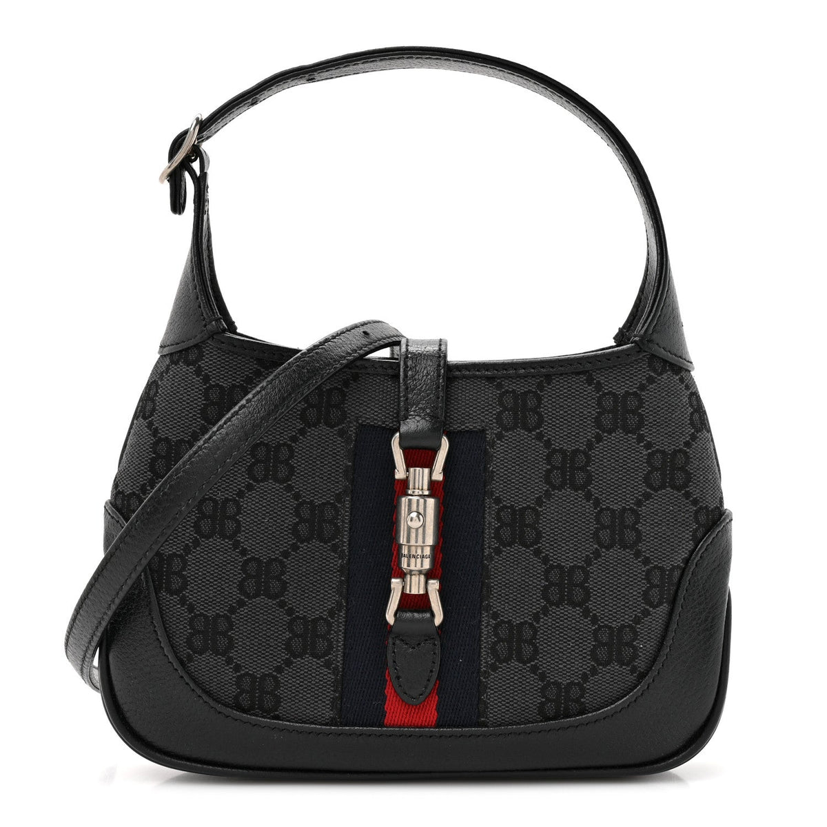 X BALENCIAGA BB Monogram Calfskin Web Mini Jackie 1961 Hobo Black