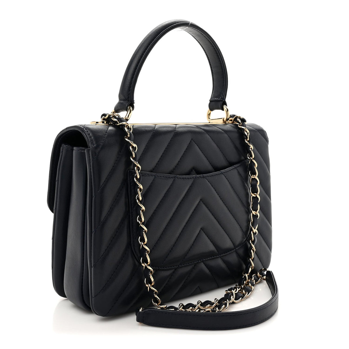 Lambskin Chevron Quilted Small Trendy CC Flap Dual Handle Bag Navy