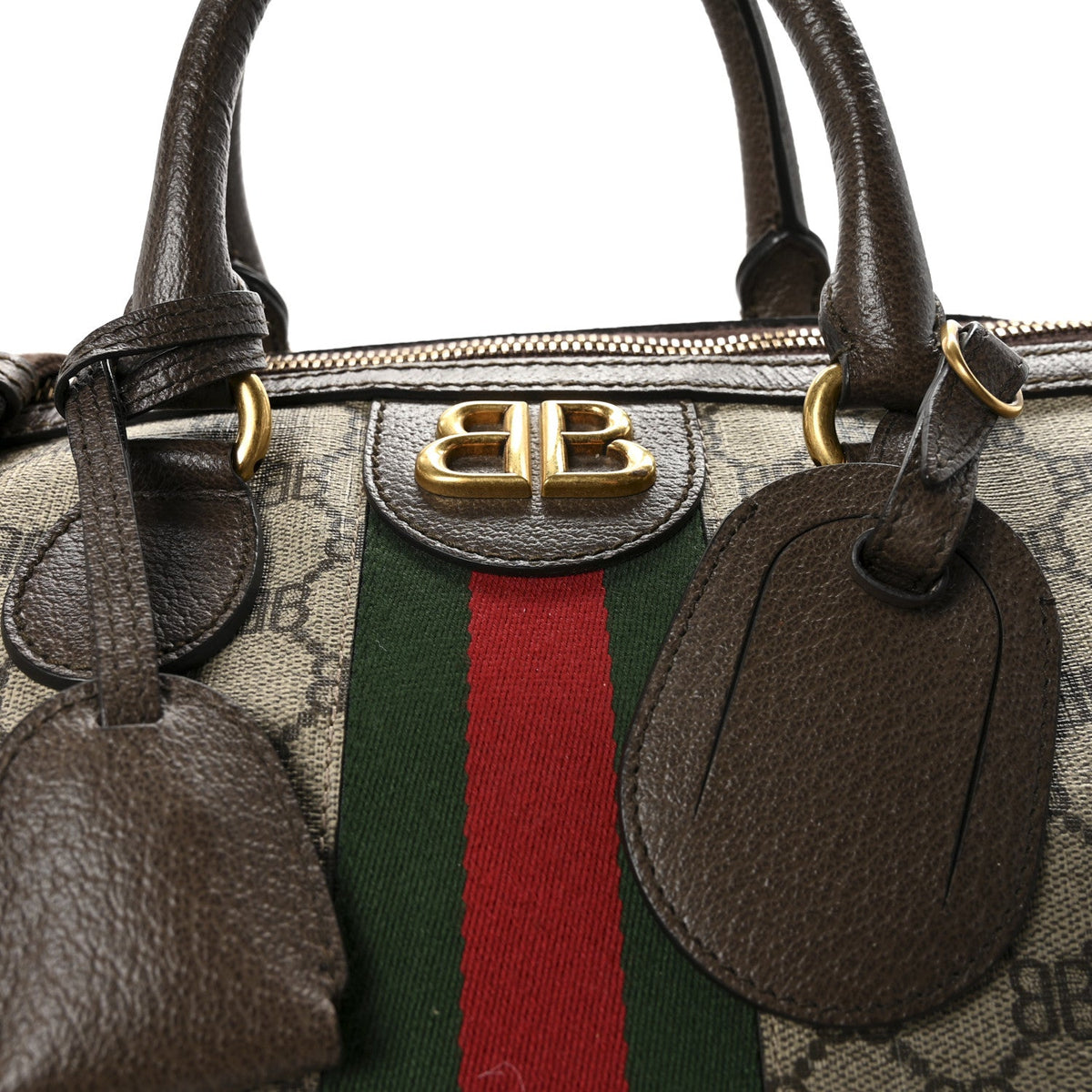 X BALENCIAGA BB Supreme Monogram Web Medium Ophidia Carry-On Duffle Bag Beige New Acero