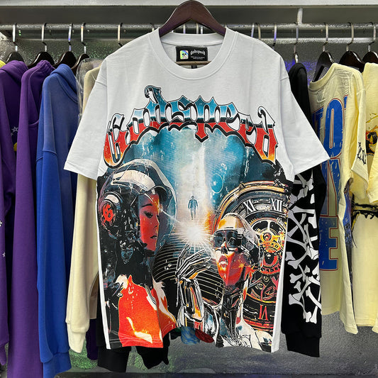 Godspeed T-shirts Astronaut Robot Printed Cotton Casual Short Sleeve Men and Women