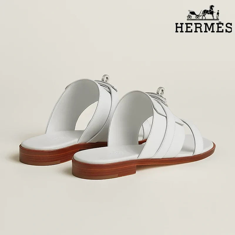 Herm¨¨s White female shoes Smooth Leather Slide Sandals with Silver Kelly Buckle