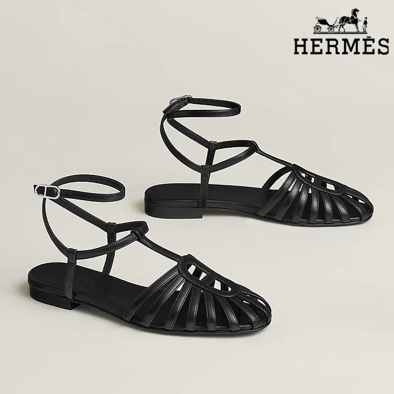 Herm¨¨s Black Leather Ankle Strap Cage Sandals