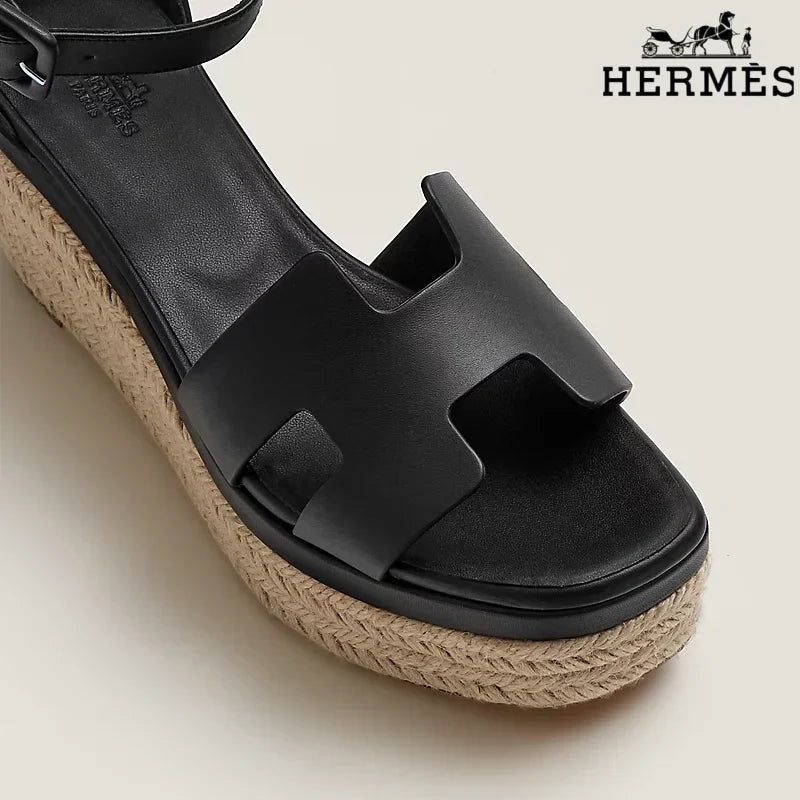 Herm¨¨s Black Leather Wedge Espadrille Sandal