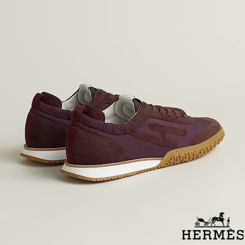 Herm¨¨s Burgundy Mixed Fabric Retro Sneakers
